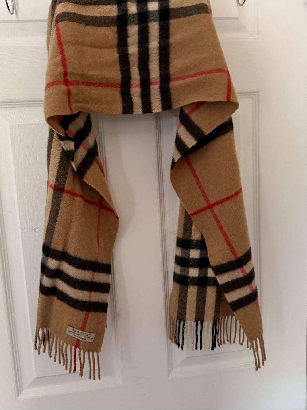 Burberry Tan Plaid Cashmere Scarf with Black and Red Stripes